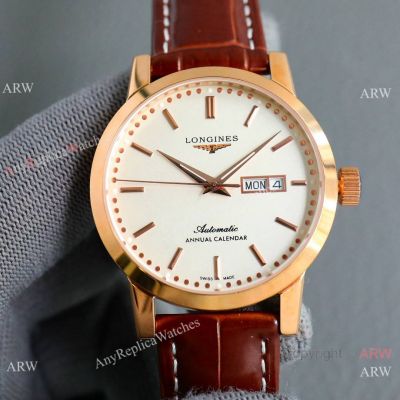 Copy Longines Record Citizen Watches Rose Gold-Leather Strap